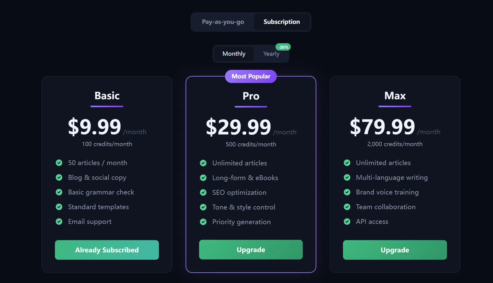 Quota Subscription + Credits pricing page